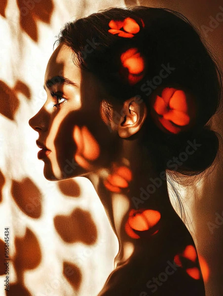 Obraz Minimalist flat design of a woman's profile, where her features blur into drifting petals,