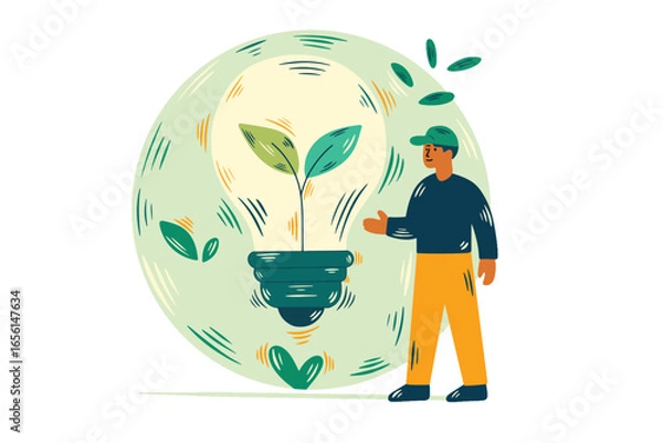 Fototapeta Illustration of a man standing next to a large light bulb with green leaves growing inside,symbolizing renewable energy,eco innovation,and sustainable solutions