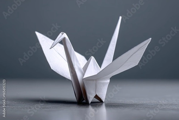 Obraz Folded paper crane, white on gray