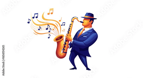 Fototapeta Illustration of a man in a suit and hat playing a saxophone with musical notes around him elegantly drawn on transparent background