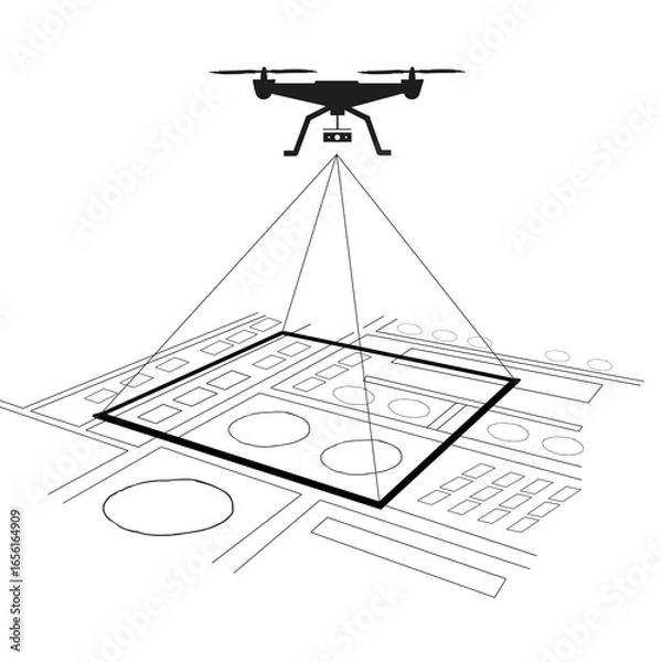 Fototapeta This is a pixel design illustrating the drone usage for geography mapping, showcasing aerial survey, digital terrain, and spatial data representation in retro pixel style.