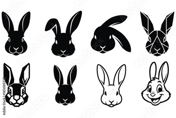 Fototapeta Collection of diverse rabbit head silhouettes in various artistic styles, from sleek geometric to playful cartoon designs.
