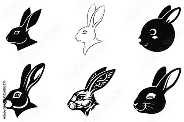 Fototapeta Extensive collection of black rabbit graphics including side profiles, stylized, and tribal designs