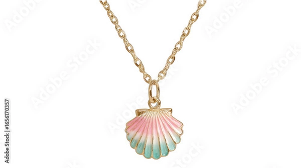 Fototapeta Elegant close up of a beautiful handcrafted seashell necklace featuring a pink and blue colored shell pendant suspended from a delicate shimmering gold chain evoking a sense of summer and beach style.