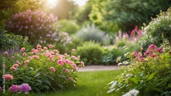 Fototapeta Beautiful Garden with Blurred Summer Background – Soft Focus Free Space for Text