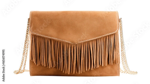 Fototapeta Camel Suede Clutch with Gold Chain and Fringe.