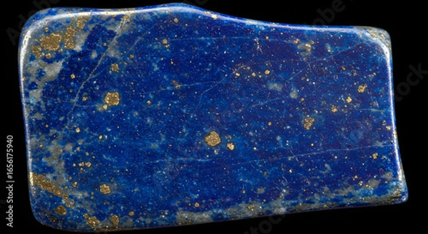 Fototapeta Close-up reveals the beauty of a polished lapis lazuli stone, showcasing its deep blue color and golden pyrite inclusions on black background, capturing the richness and natural elegance.