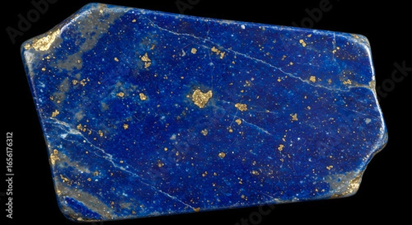 Fototapeta A polished slab of deep blue lapis lazuli, speckled with glittering gold pyrite inclusions, evokes a sense of mystery and luxury, its smooth surface reflecting light and revealing intricate patterns