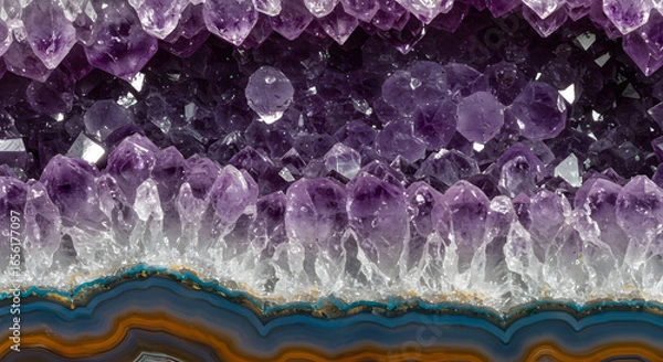 Fototapeta A mesmerizing close-up captures the intricate beauty of an amethyst geode, revealing a stunning display of purple crystals and agate banding, creating a mystical and enchanting gemstone pattern.