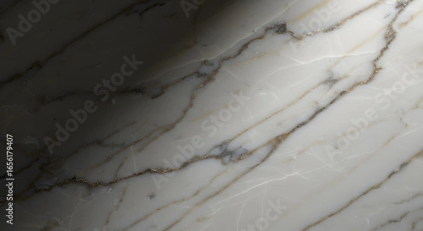 Fototapeta An abstract close-up of polished marble features a stark contrast between a shadowed and bright section, highlighting the stone's intricate veining patterns in a minimalist composition.
