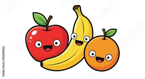 Fototapeta Cute kawaii cartoon apple, banana, and orange characters smiling and looking cheerful together