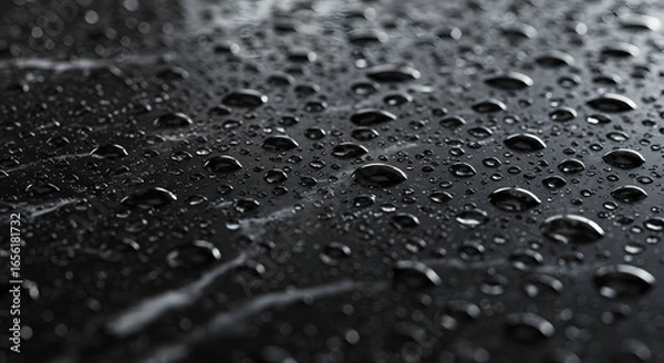 Fototapeta A dramatic close-up captures glistening water droplets scattered across a sleek, dark surface, evoking a sense of stillness and quiet beauty with abstract and captivating visual impact.