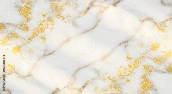 Fototapeta Elegant white marble surface is adorned with shimmering gold glitter, creating a luxurious and festive visual texture with a glamorous feel, ideal for backgrounds and design elements.