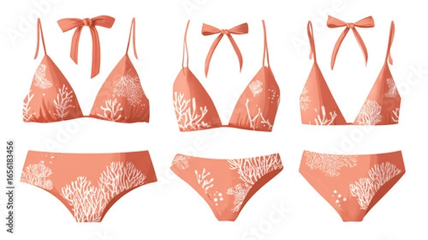Fototapeta A vibrant collection of stylish two piece swimsuits each adorned with a charming and decorative bow presented as a fashionable set for summer beachwear and poolside relaxation.