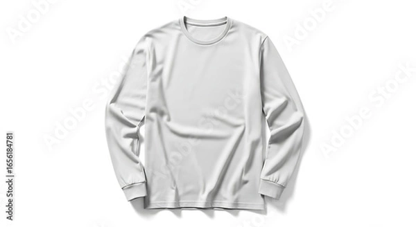 Fototapeta A plain, light gray long-sleeved t-shirt displayed on a white background.  The shirt is casually draped, showcasing its texture and fit.