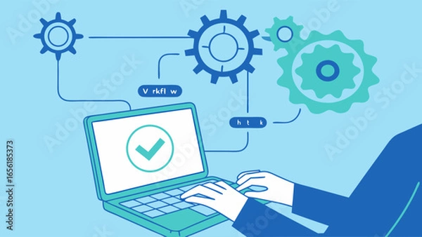 Fototapeta Efficient Workflow Process Hands Typing on Laptop with Connected Gears.