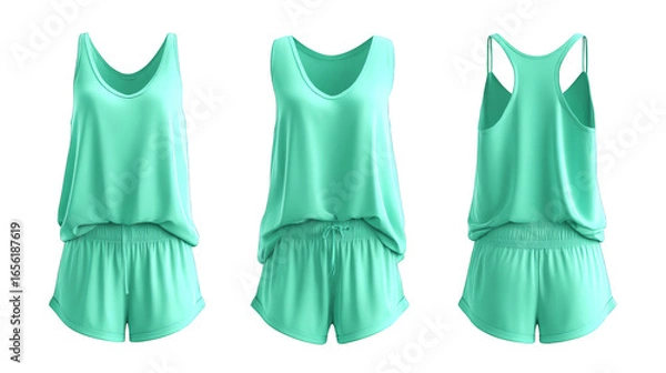 Fototapeta A vibrant and stylish collection of three complete women's athletic apparel outfits each featuring comfortable sports shorts paired with a matching tank top ready for any fitness activity.