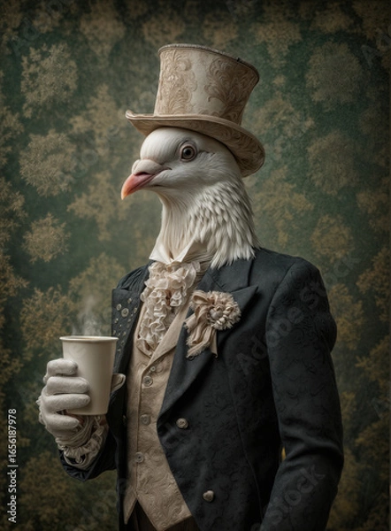 Fototapeta Pigeon dressed in a 19th century outfit, holding a paper cup of coffee against floral pattern background. Caffeine, tycoon historical concept.