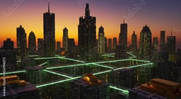 Fototapeta Futuristic city built on money stacks with glowing green network and gold bars