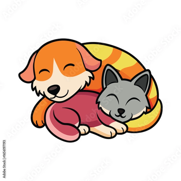 Obraz Cute cartoon dog and cat sleeping together peacefully isolated on white background