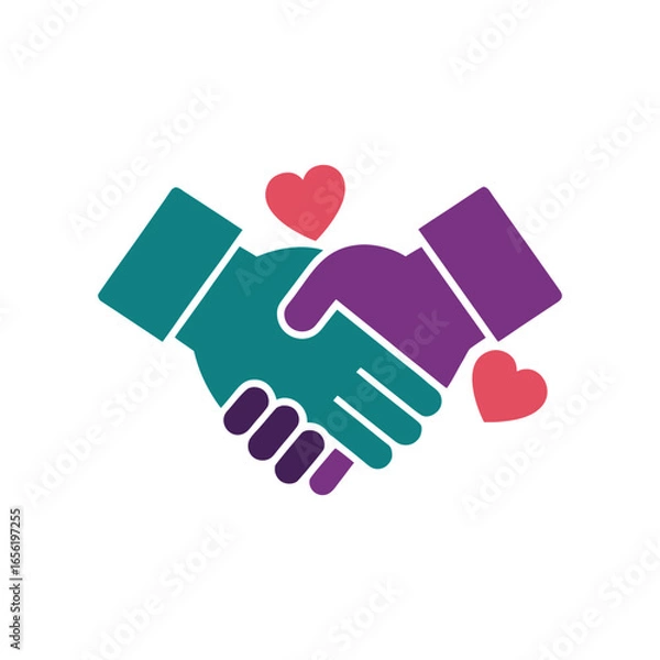 Obraz Two hands shaking with hearts symbolizing partnership and care isolated on white background