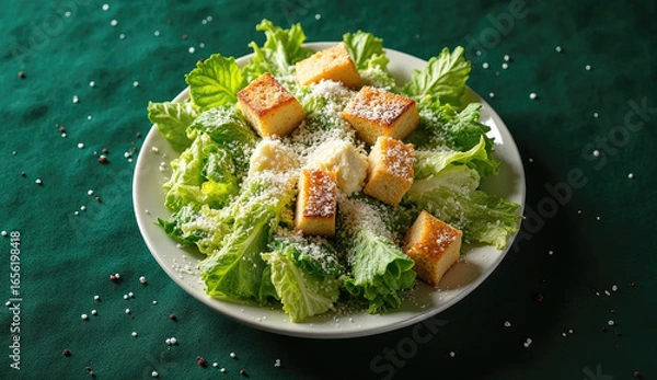 Fototapeta Overhead Shot of Caesar Salad with Croutons and Parmesan on Dark Green Background