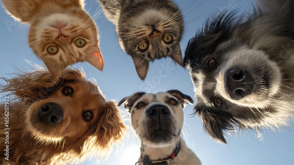 Fototapeta Cats and dogs standing in a circle, looking down at the camera with curious expressions against the blue sky. Animal and friendship concept