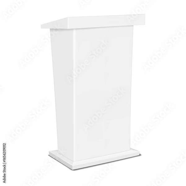 Fototapeta White portable rostrum stand. Realistic 3d vector mockup. Blank inclined tabletop promotional tradeshow table for brand design. Mock-up. Slanted exhibition lectern counter. Template