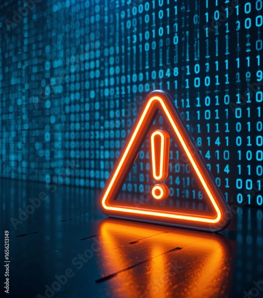 Fototapeta Amber Cyber Warning Icon on Binary Number Data Wall