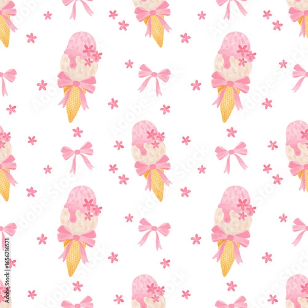 Fototapeta seamless watercolor pattern with ice cream cone with a bow