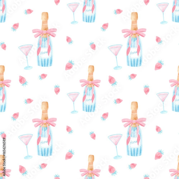 Fototapeta seamless watercolor pattern with champagne bottle and glass decorated with a ribbon