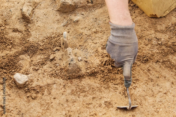 Fototapeta Archeological tools, Archeologist working on site, hand and tool.