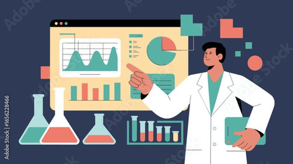 Fototapeta scientist analyzing data on a digital dashboard with charts and graphs vector illustration,  lab data visualization, scientific research analysis and medical statistics