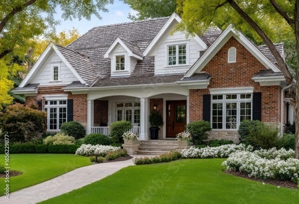 Fototapeta A brown and white english style home with shingle roof, located in the suburbs of chic seedhoop neighborhood of Chicago
