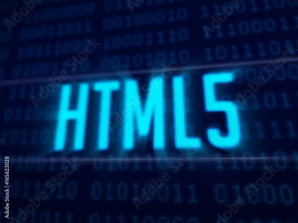 Obraz HTML 5 on dark blue pixels screen 3D rendered with depth of field