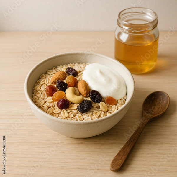 Obraz AI-Generated Scandinavian Muesli - Traditional bowl with dried fruits, nuts, and yogurt in Nordic kitchen style for European health food trend.