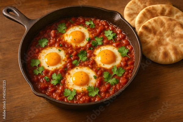 Obraz AI-Generated Middle Eastern Shakshuka - Cast iron pan with poached eggs in spiced tomato sauce and pita bread for authentic cultural breakfast.