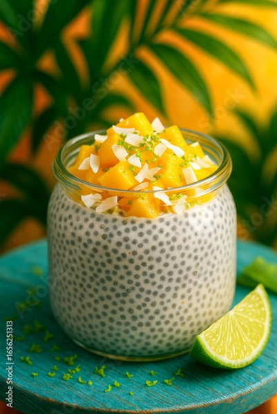 Obraz AI-Generated Tropical Chia Pudding - Glass jar presentation with mango, coconut, and lime zest for exotic superfood breakfast concept.