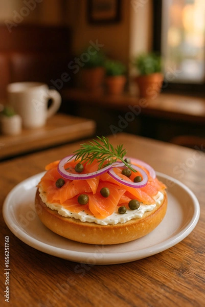Obraz AI-Generated Smoked Salmon Bagel - Cafe-style everything bagel with cream cheese, capers, and red onion for New York deli experience.