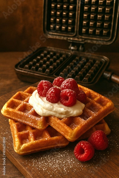 Obraz AI-Generated Belgian Waffles - Vintage cast iron waffle maker background with whipped cream, raspberries, and powdered sugar for artisanal bakery feel.