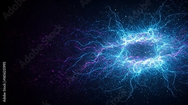 Fototapeta A stunning abstract digital artwork features a central burst of light, composed of intricate, interwoven tendrils of glowing blue and purple energy. The tendrils trail outwards into a dark, starry voi