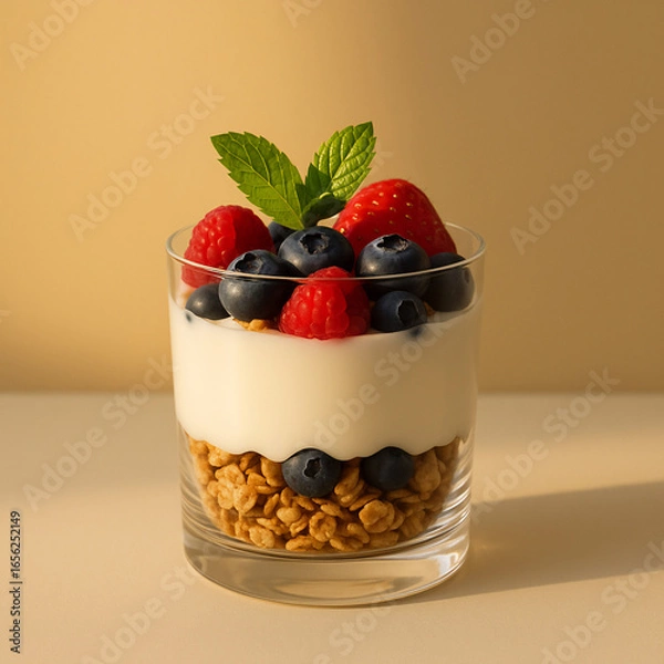 Obraz AI-Generated Yogurt Parfait - Layered glass presentation with granola and berries in golden hour lighting for minimalist health-conscious aesthetic.