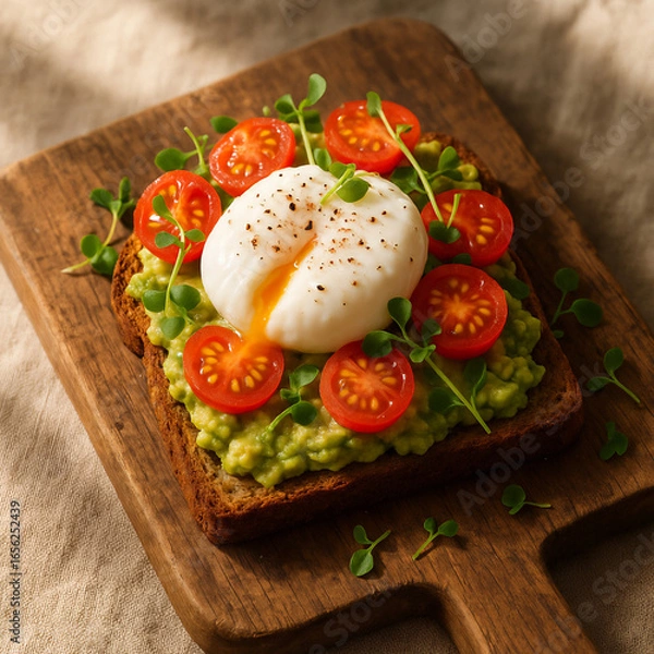 Obraz AI-Generated Avocado Toast with Poached Egg - Rustic wooden board presentation with natural morning lighting, featuring microgreens and cherry tomatoes for a modern healthy breakfast aesthetic.