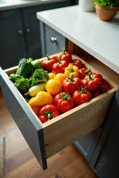 Fototapeta Sleek pull-out drawers brimming with colorful vegetables, modern kitchen, vegetable crisper