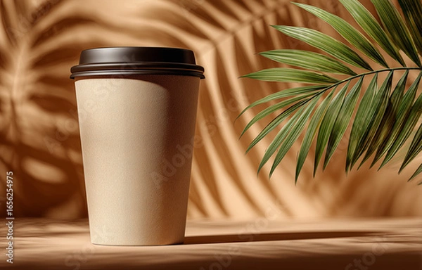Obraz Beige Paper Coffee Cup Mockup with Palm Leaf Shadow