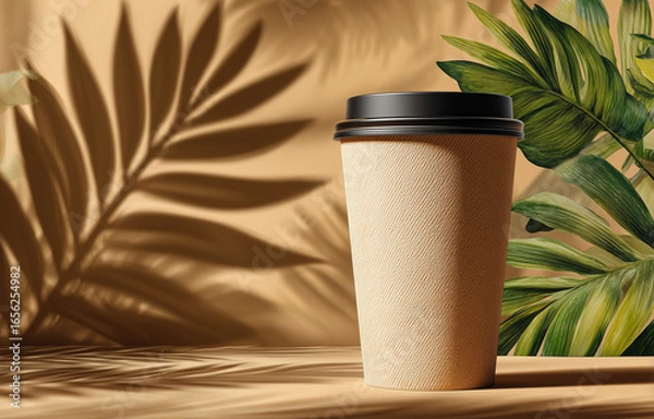 Obraz Beige Paper Coffee Cup Mockup with Palm Leaf Shadow