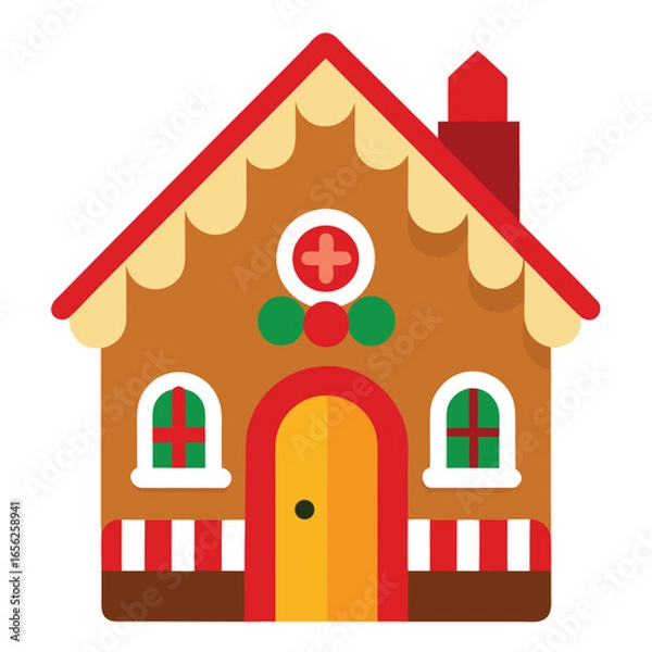 Fototapeta Vector art of a charming gingerbread house with red and yellow accents, decorated with candy elements, perfect for christmas holiday themes
