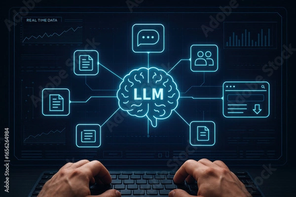Obraz Large language model concept with human hands typing on keyboard and digital brain interface