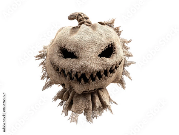 Fototapeta Terrifying burlap scarecrow mask with a sinister grin and sharp jagged teeth.