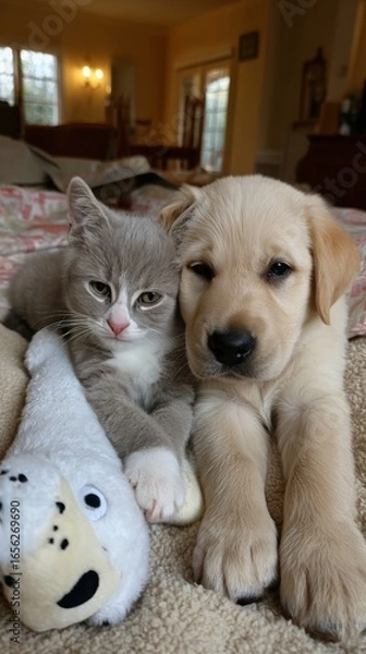 Fototapeta A cat and a dog laying on a bed with a stuffed animal